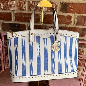 Iconic Henri Bendel W 57th Striped Studded Blue/ White Crossbody Zip Top Satchel